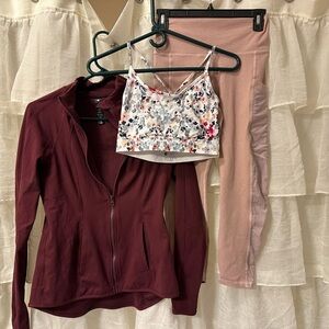 Yogalicious Burgundy Jacket with floral sports bra and cropped tights